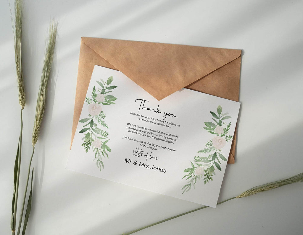 Green & White Rose Thank You Wedding Party Cards | Pack of 10 - Larosier Prints
