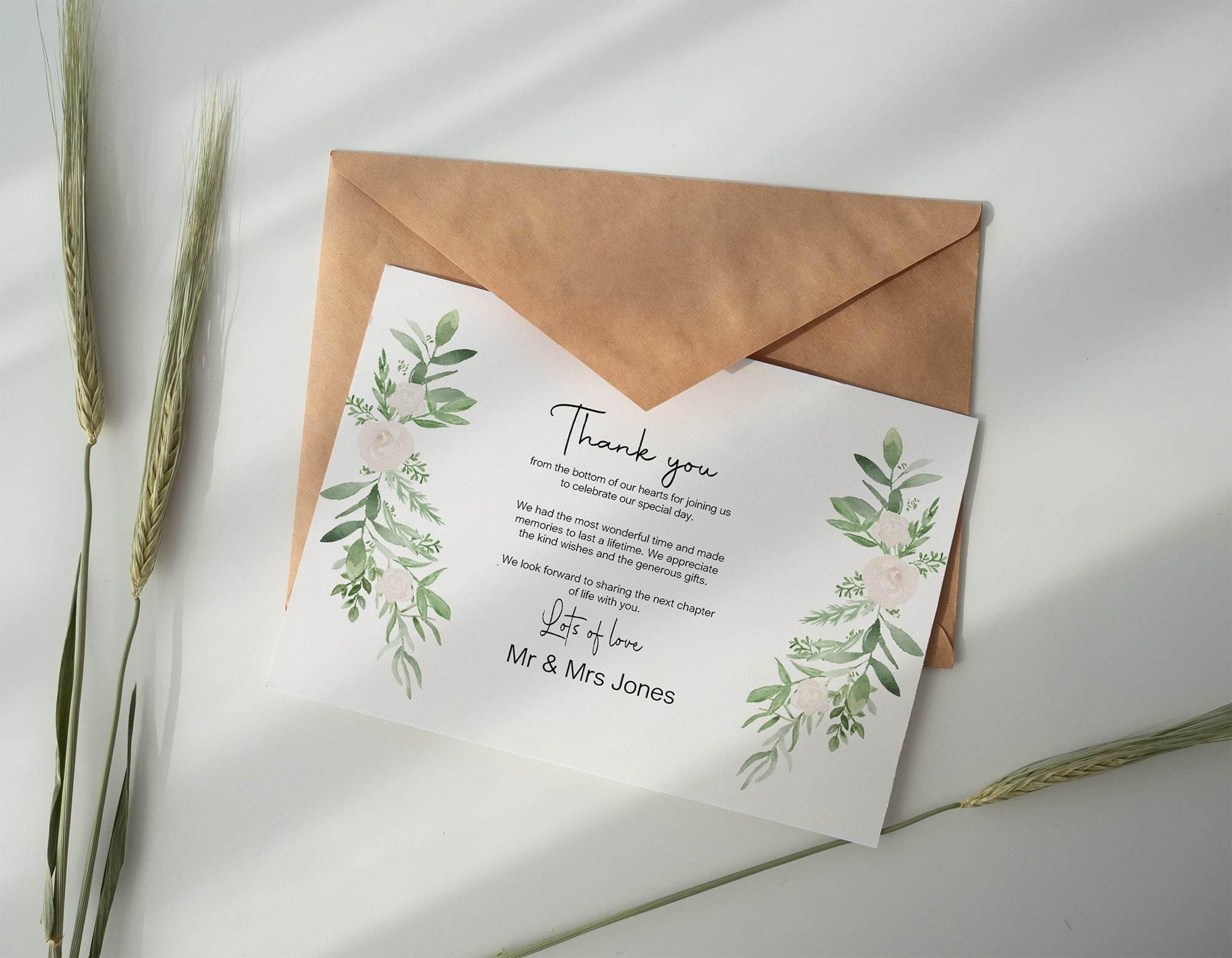 Green & White Rose Thank You Wedding Party Cards | Pack of 10 - Larosier Prints