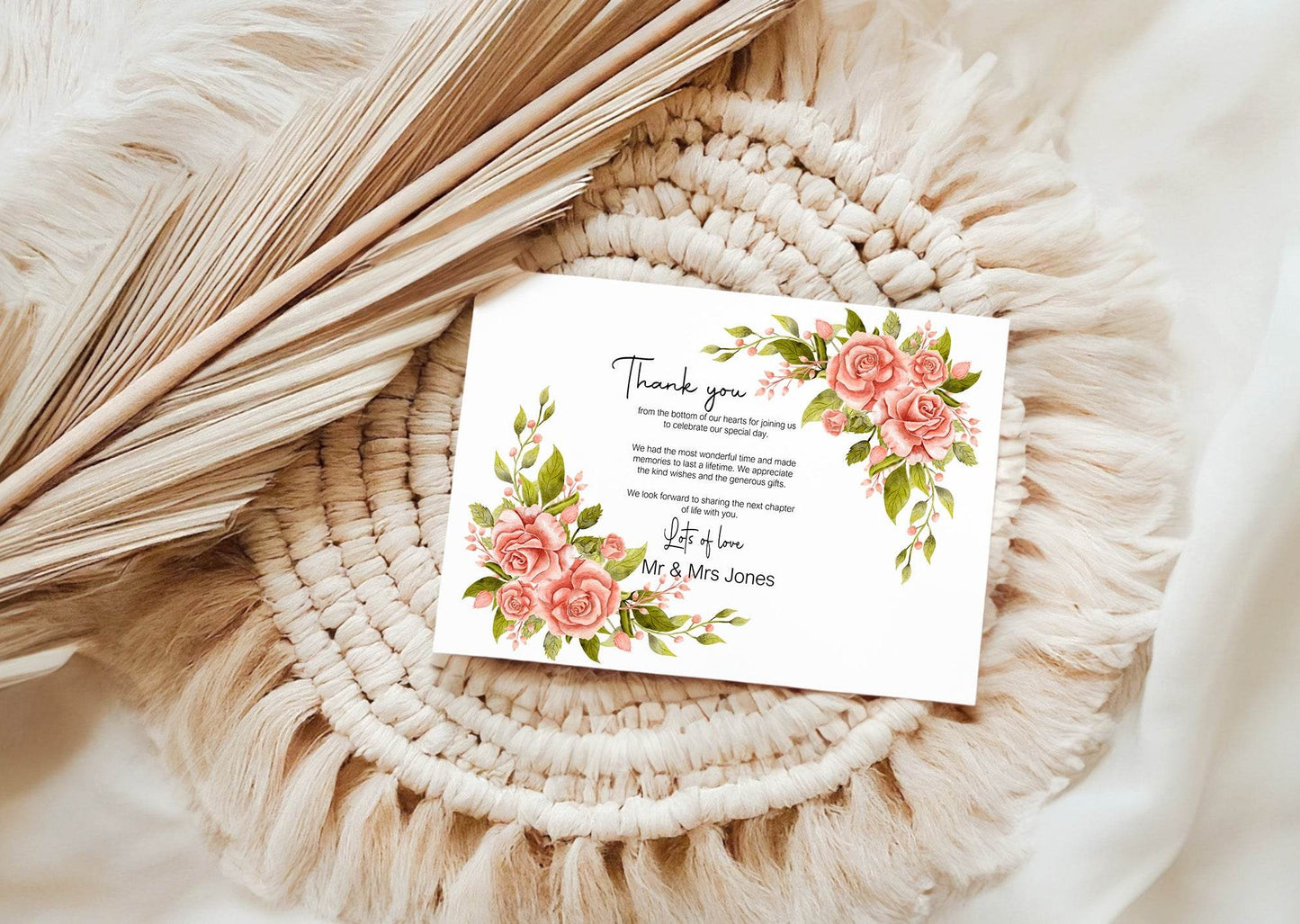 Pink Rose Thank You Wedding Party Cards | Pack of 10
