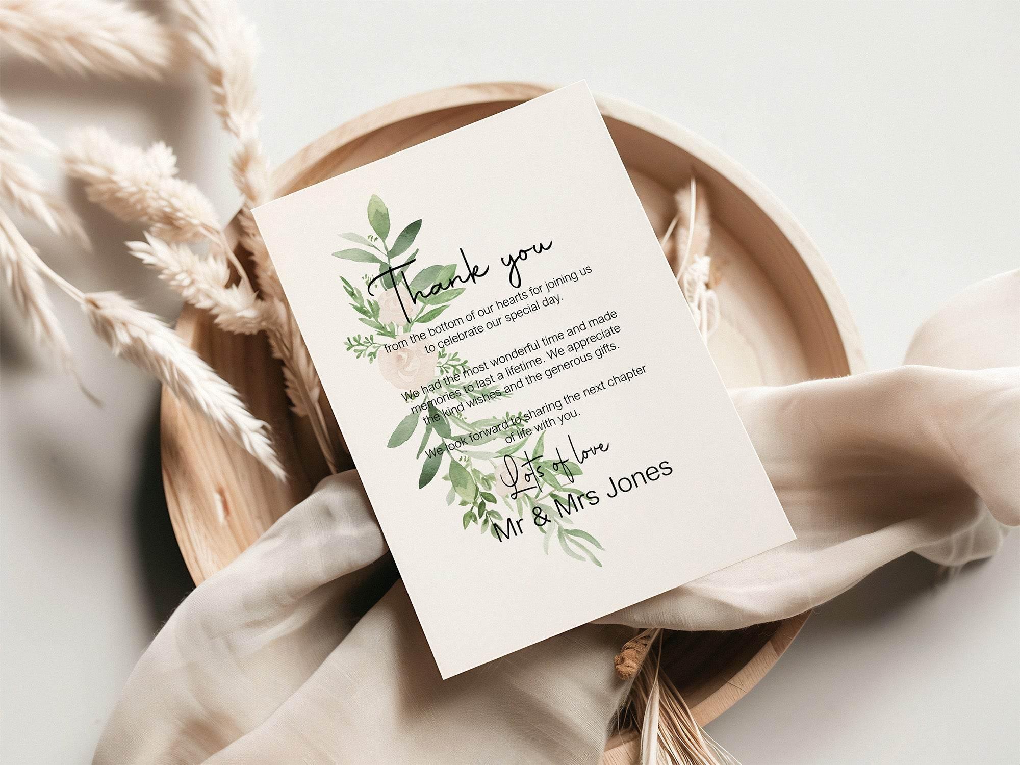 Green & White Rose Thank You Wedding Party Cards | Pack of 10 - Larosier Prints
