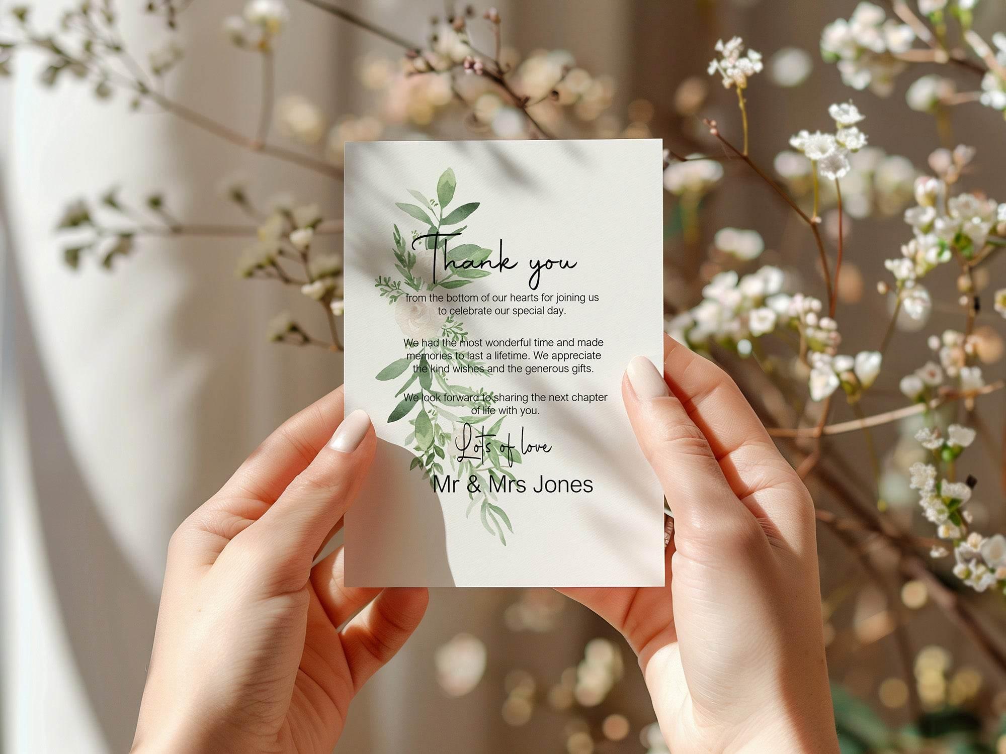 Green & White Rose Thank You Wedding Party Cards | Pack of 10 - Larosier Prints