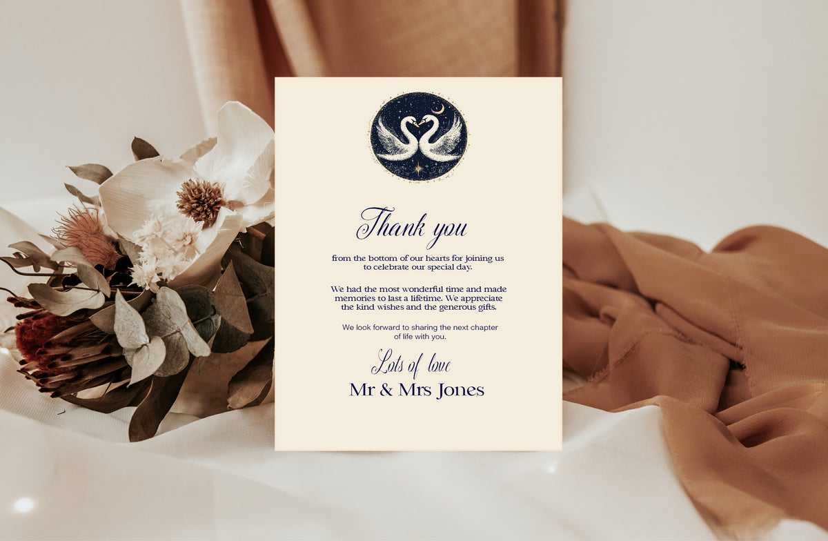 Celestial Swan wedding thank you cards detail