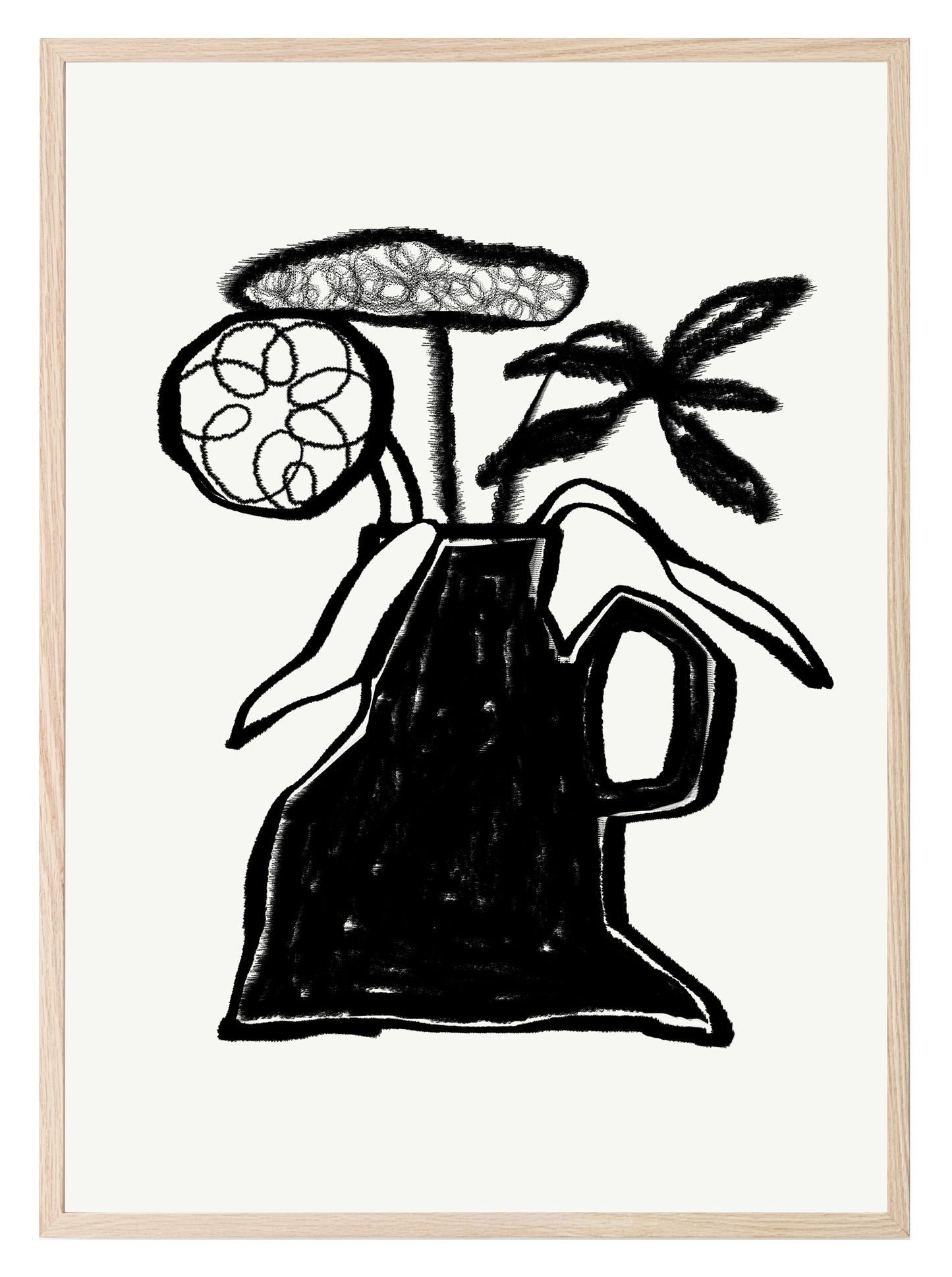 Abstract Black & White Vase With Flowers Wall Art Print