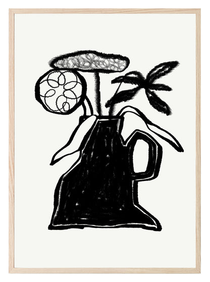 Abstract Black & White Vase With Flowers Wall Art Print
