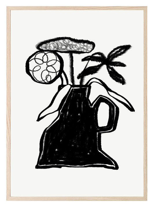 Abstract Black & White Vase With Flowers Wall Art Print