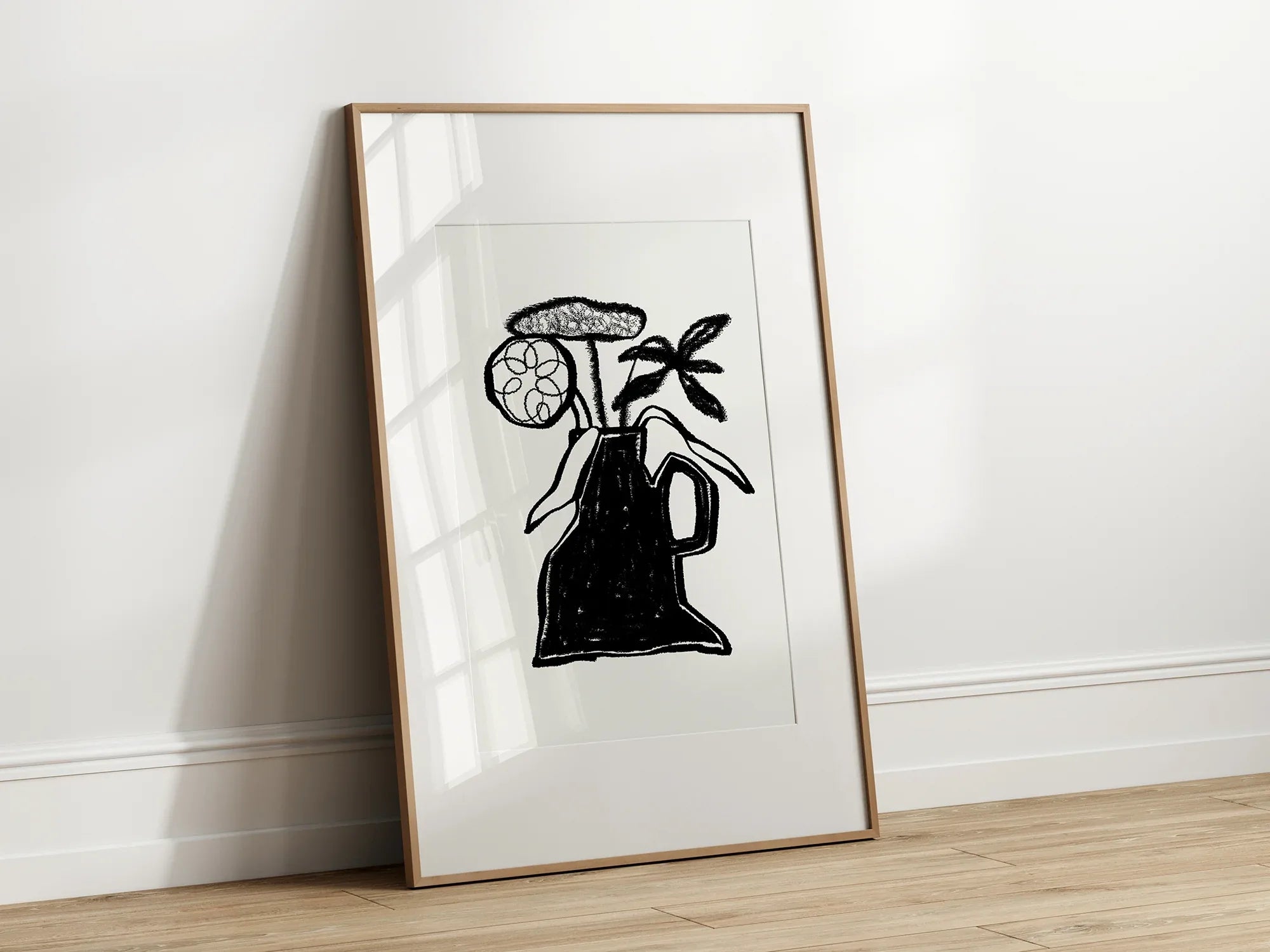 Abstract Black & White Vase With Flowers Wall Art Print