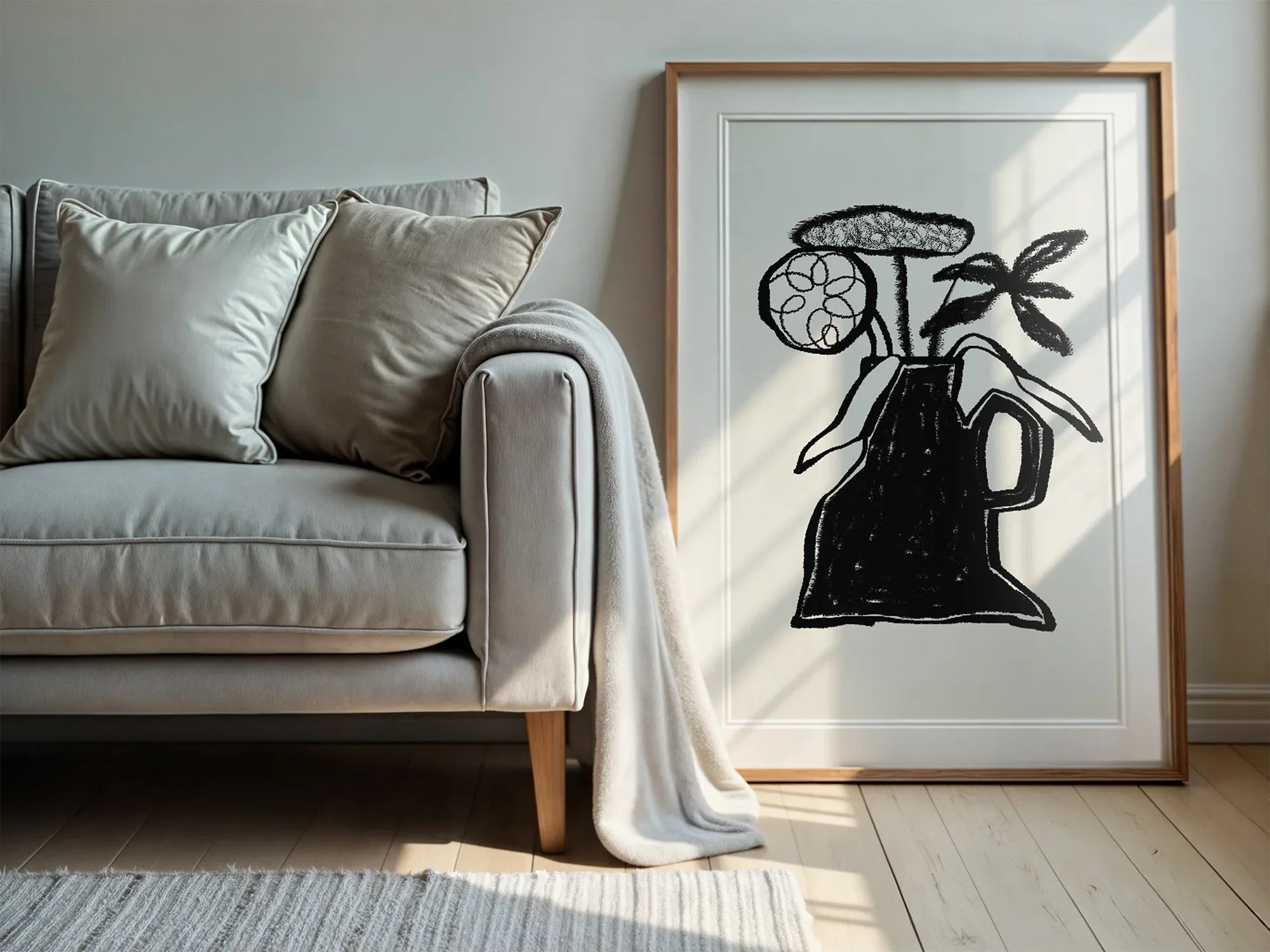 Abstract Black & White Vase With Flowers Wall Art Print