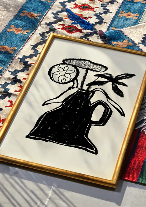 Abstract Black & White Vase With Flowers Wall Art Print - Larosier Prints