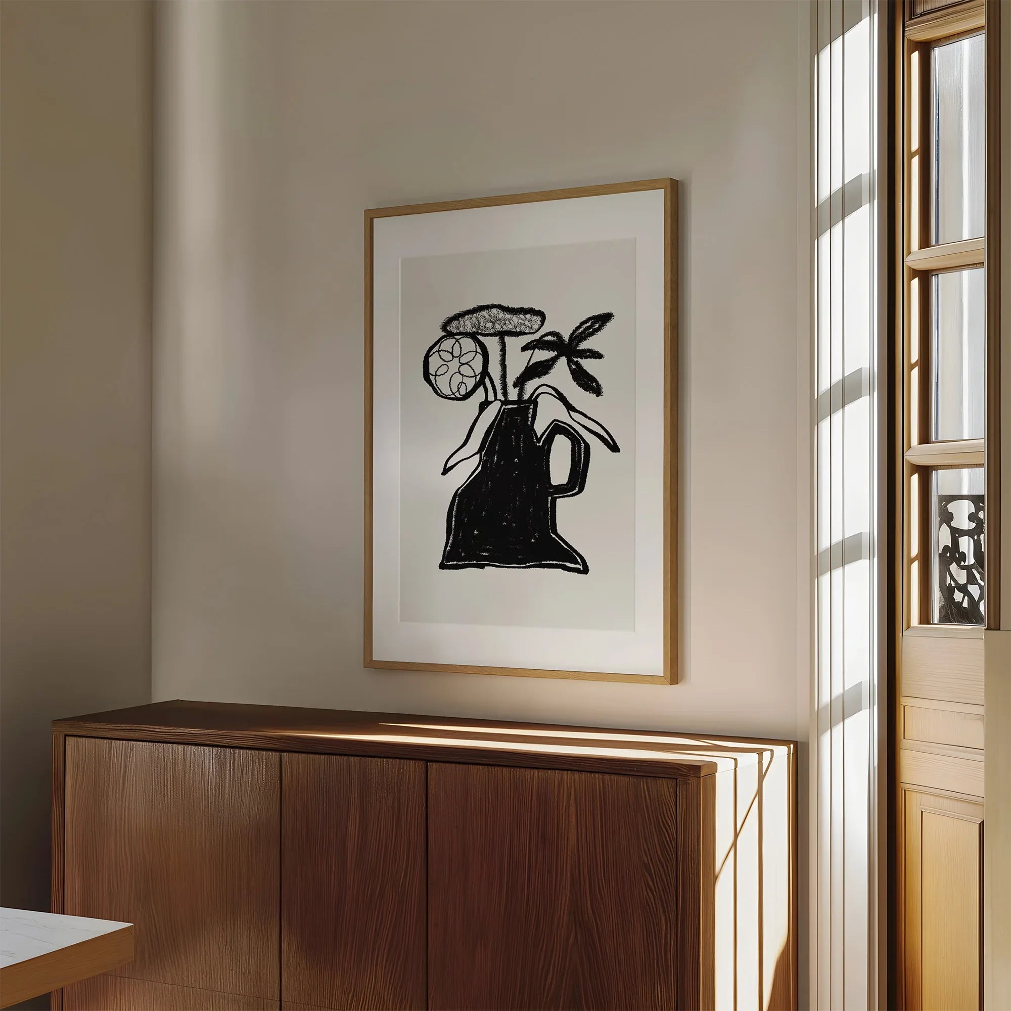 Abstract Black & White Vase With Flowers Wall Art Print