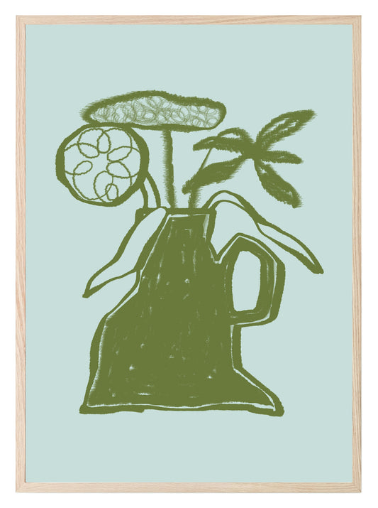 Abstract Green Vase With Flowers Wall Art Print
