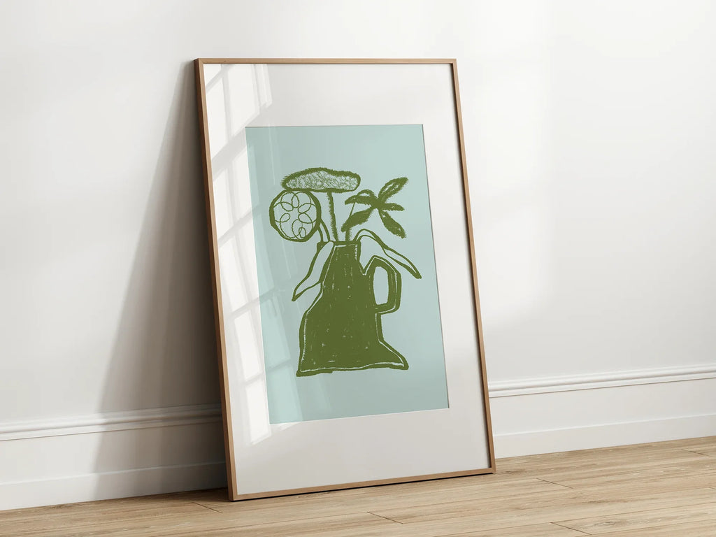 Abstract Green Vase With Flowers Wall Art Print - Larosier Prints