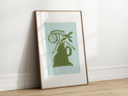 Abstract Green Vase With Flowers Wall Art Print