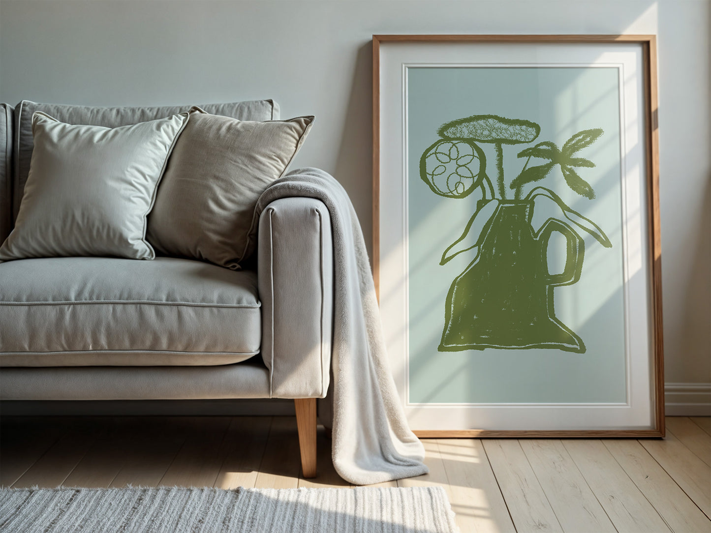 Abstract Green Vase With Flowers Wall Art Print