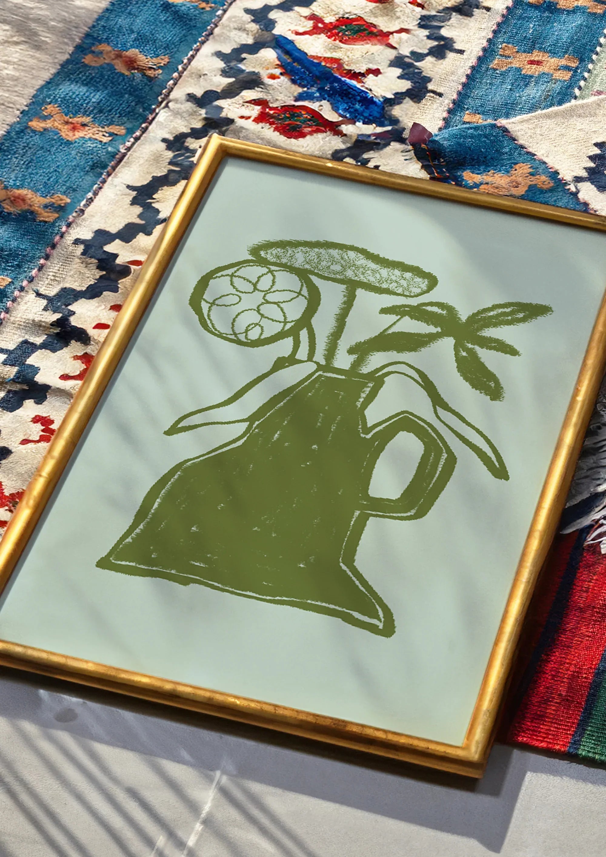 Abstract Green Vase With Flowers Wall Art Print - Larosier Prints