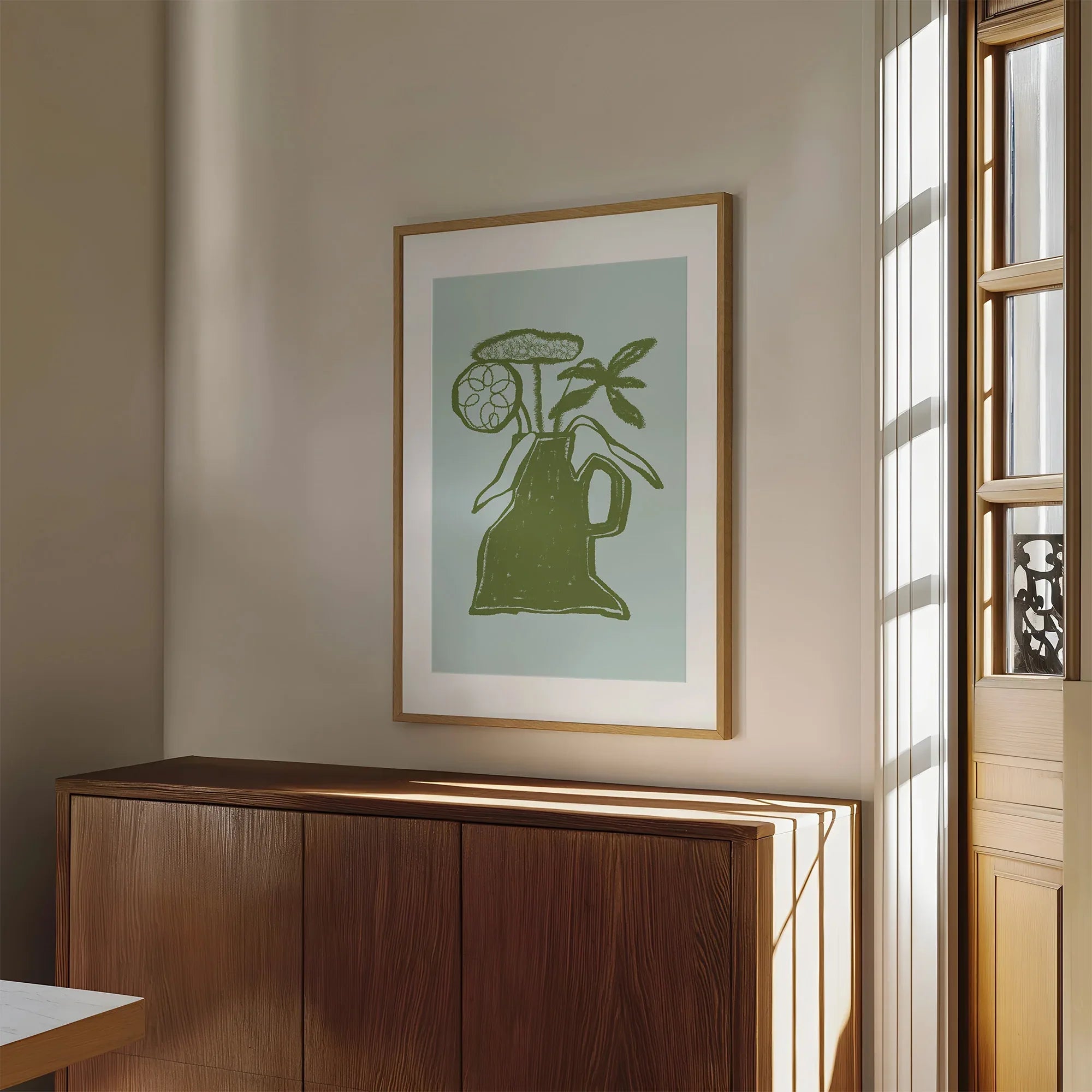 Abstract Green Vase With Flowers Wall Art Print - Larosier Prints