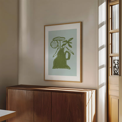 Abstract Green Vase With Flowers Wall Art Print