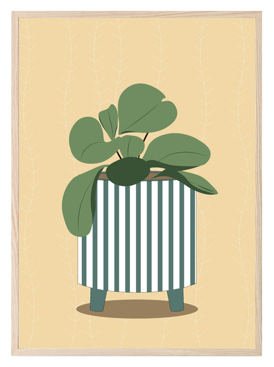 Abstract Green & White Striped Vase With Flowers Wall Art Print