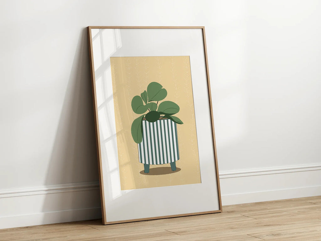 Abstract Green & White Striped Vase With Flowers Wall Art Print - Larosier Prints