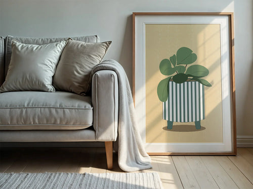 Abstract Green & White Striped Vase With Flowers Wall Art Print - Larosier Prints