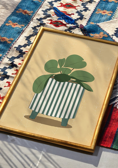 Abstract Green & White Striped Vase With Flowers Wall Art Print