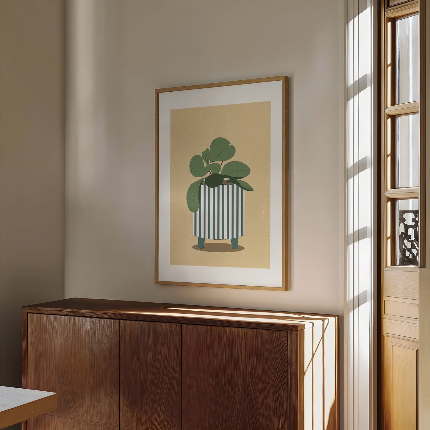 Abstract Green & White Striped Vase With Flowers Wall Art Print