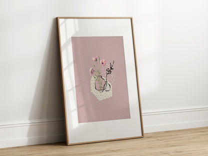 Abstract Dusky Pink With Flowers Wall Art Print