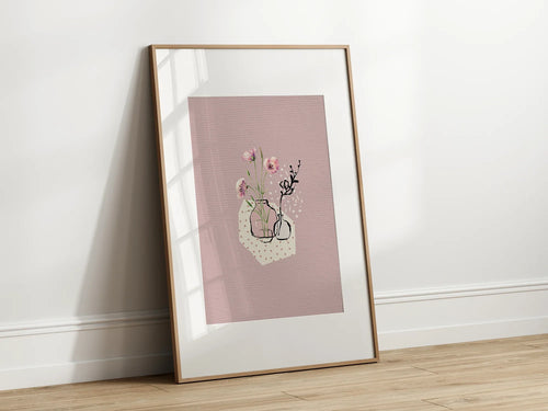 Abstract Dusky Pink With Flowers Wall Art Print - Larosier Prints