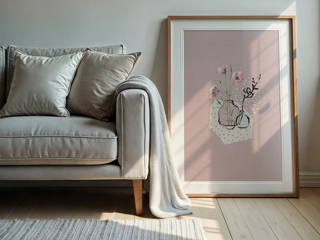 Abstract Dusky Pink With Flowers Wall Art Print - Larosier Prints