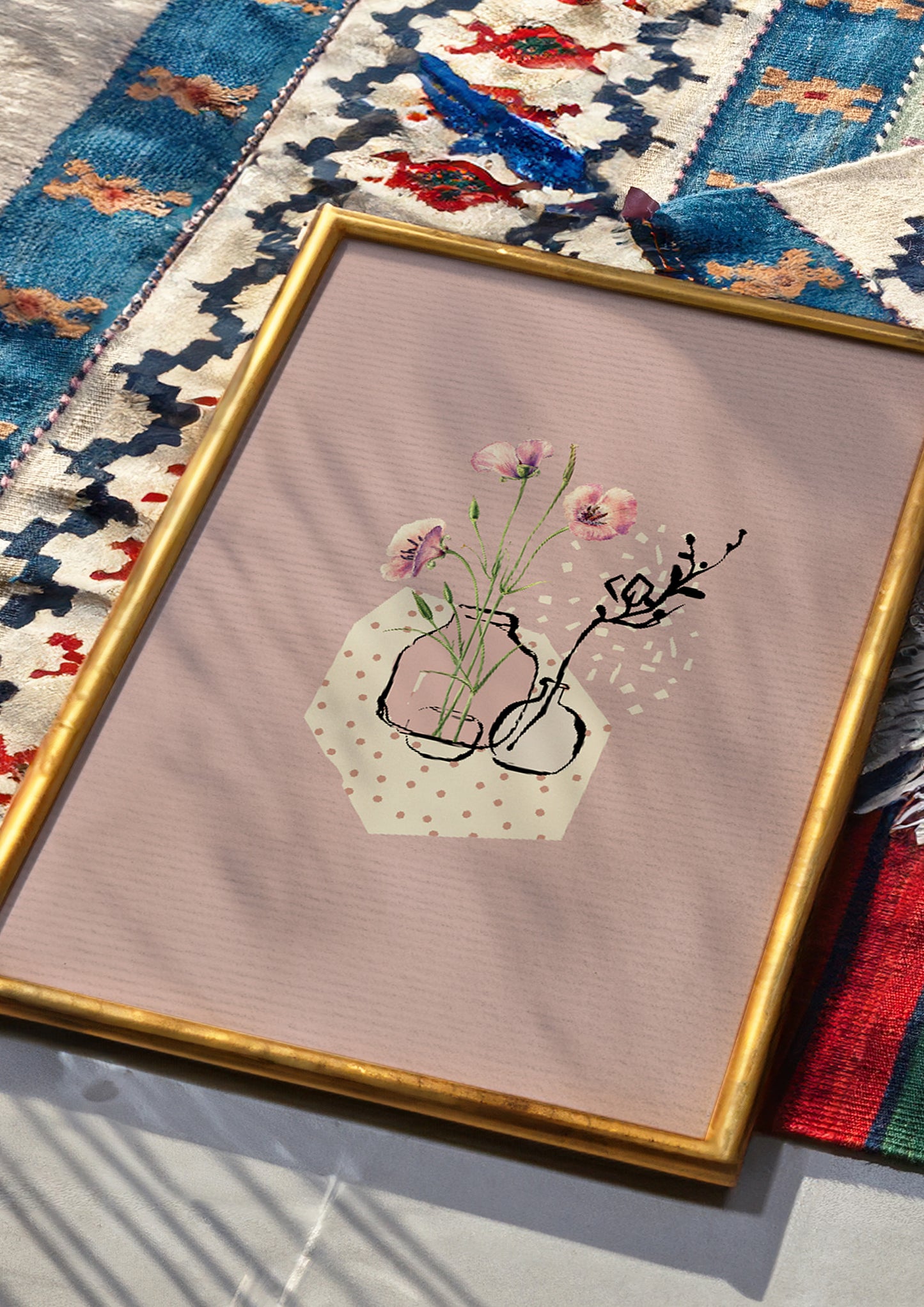 Abstract Dusky Pink With Flowers Wall Art Print