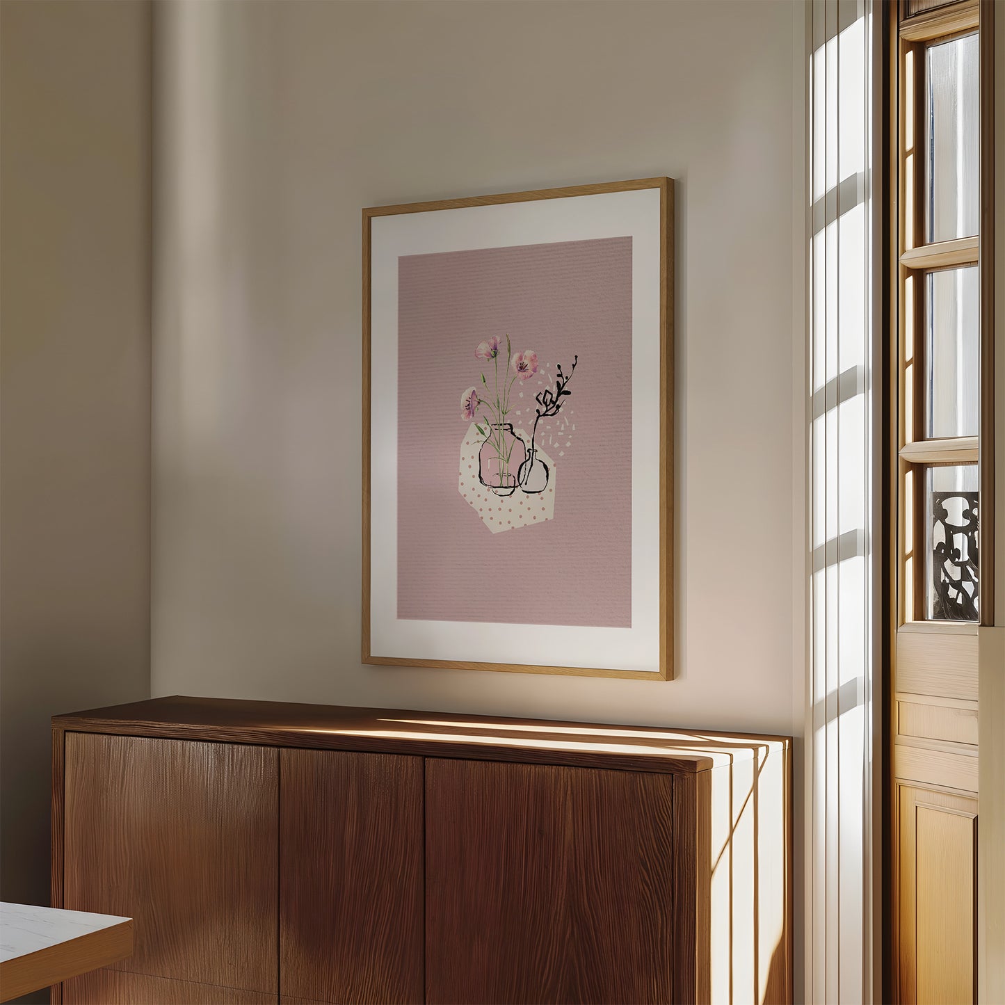 Abstract Dusky Pink With Flowers Wall Art Print