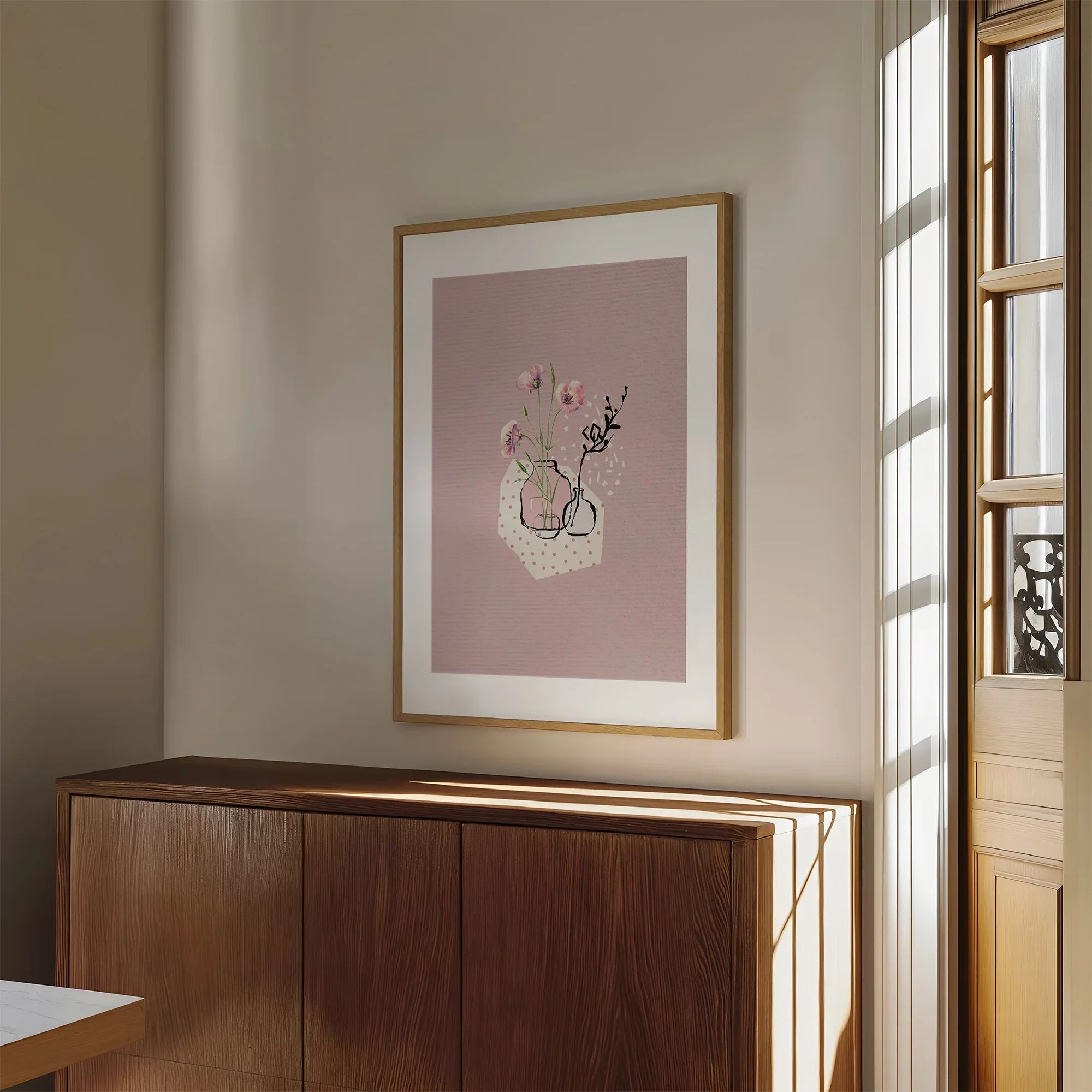 Abstract Dusky Pink With Flowers Wall Art Print - Larosier Prints