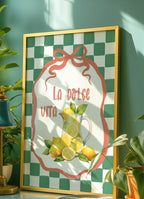 La Dolce Vita Print | Lemons in Jug | Green Checkered Italian Wall Art - Larosier Prints