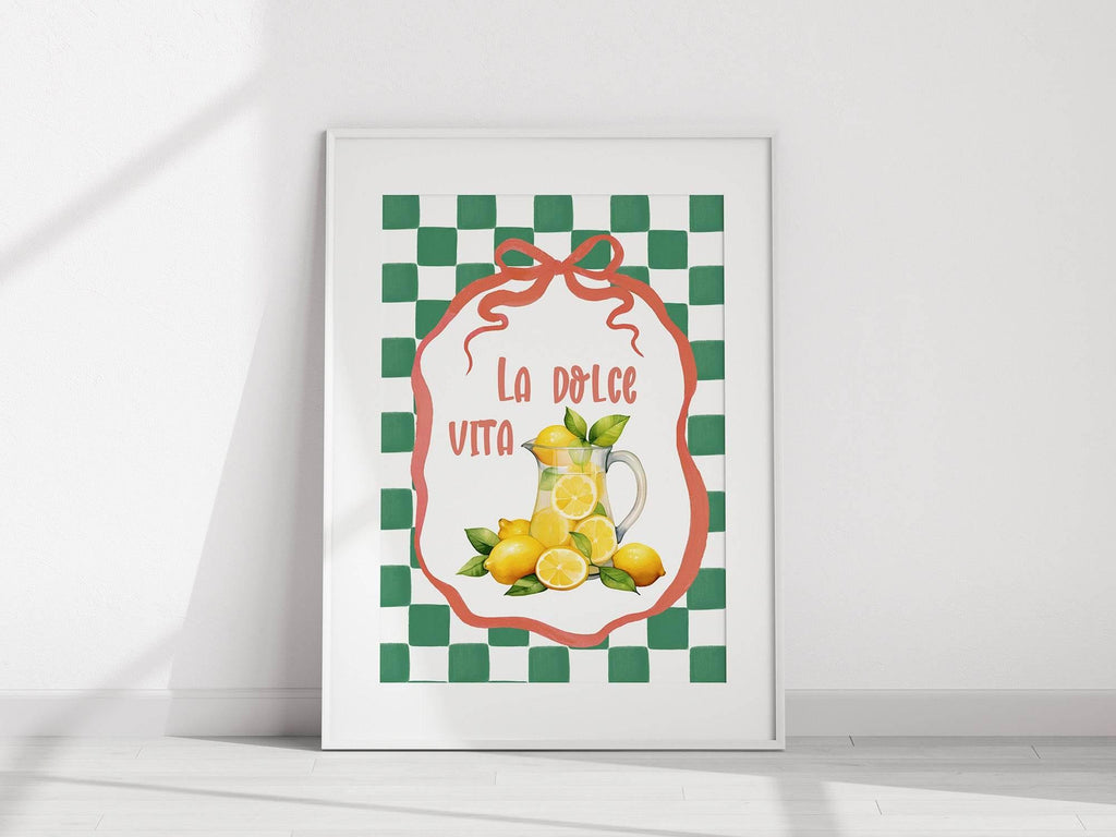 La Dolce Vita Print | Lemons in Jug | Green Checkered Italian Wall Art - Larosier Prints