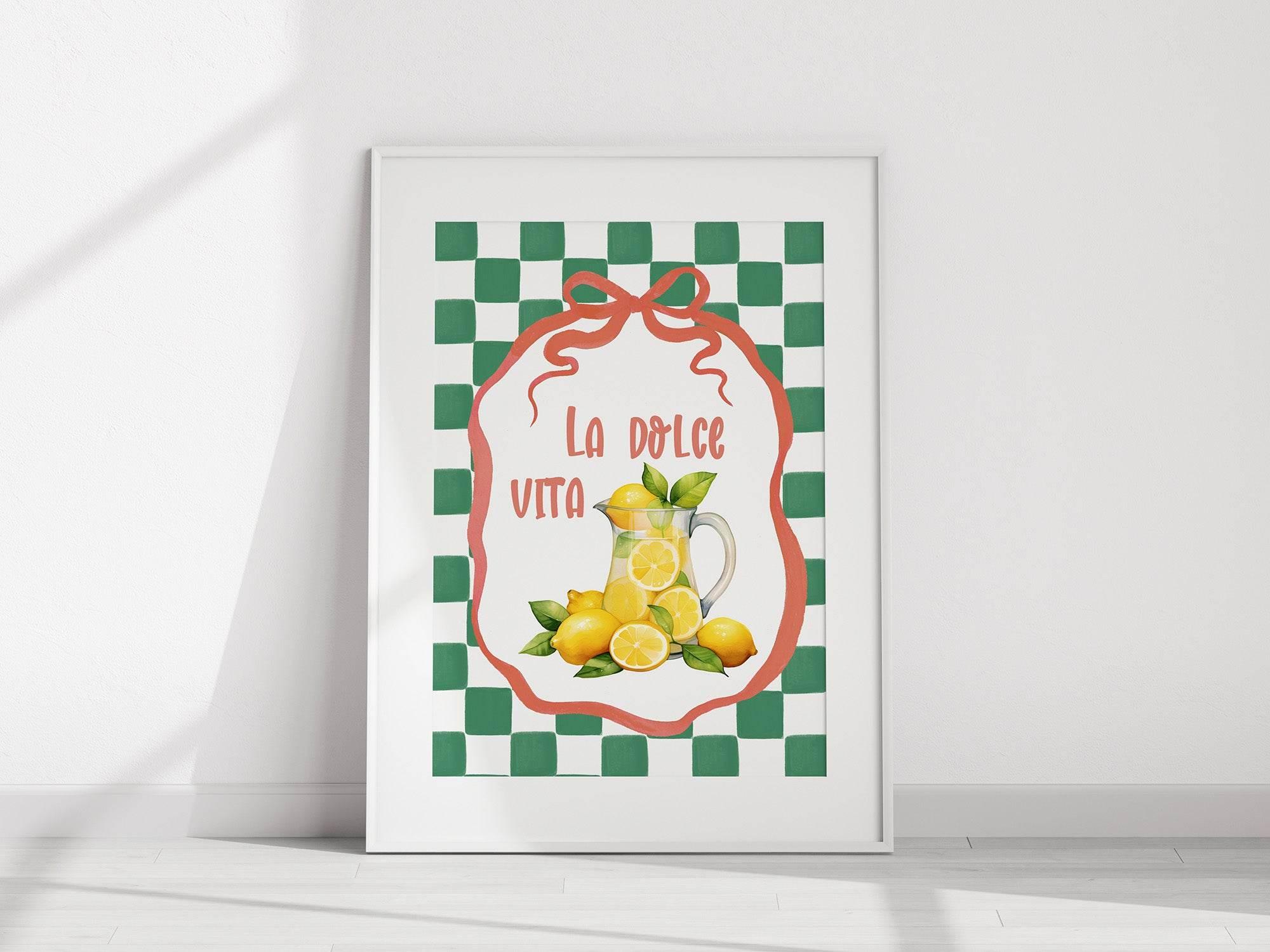 La Dolce Vita Print | Lemons in Jug | Green Checkered Italian Wall Art - Larosier Prints