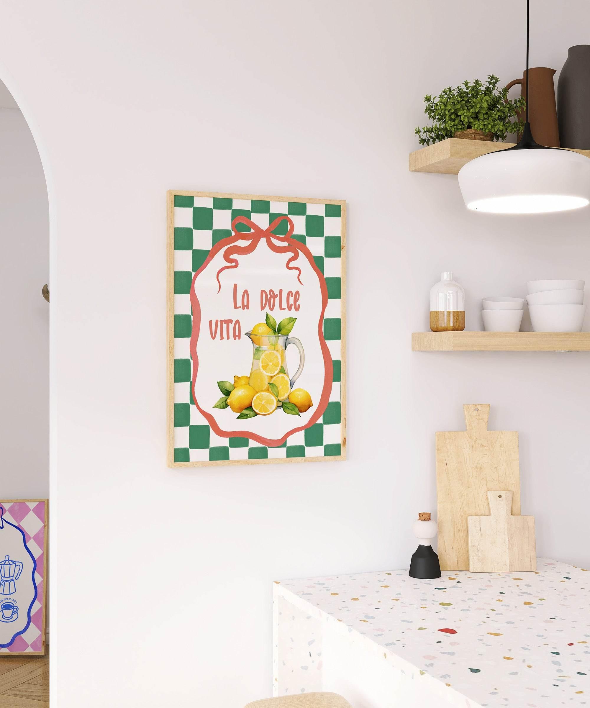 La Dolce Vita Print | Lemons in Jug | Green Checkered Italian Wall Art - Larosier Prints