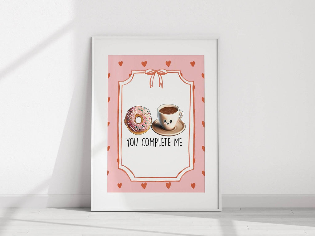 You Complete Me Print | Donut and Coffee Wall Art | Cute Pink Love Décor - Larosier Prints