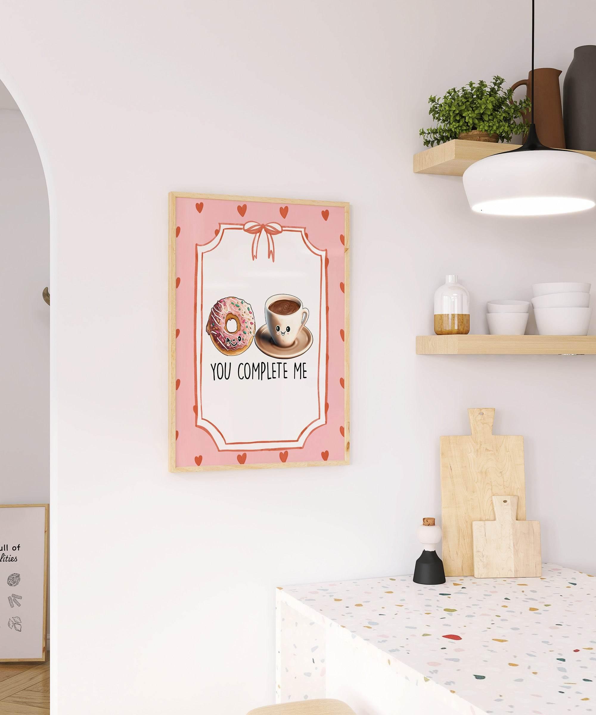 You Complete Me Print | Donut and Coffee Wall Art | Cute Pink Love Décor - Larosier Prints