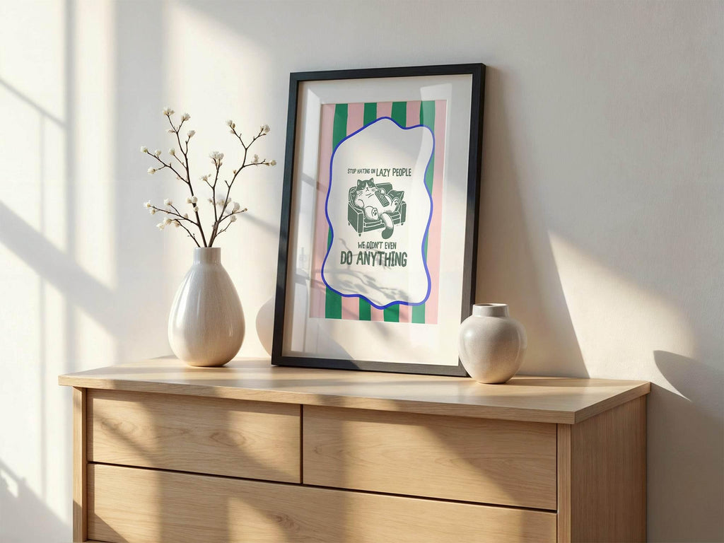 Stop Hating on Lazy People Print | Funny Cat Wall Art | Pink and Green - Larosier Prints
