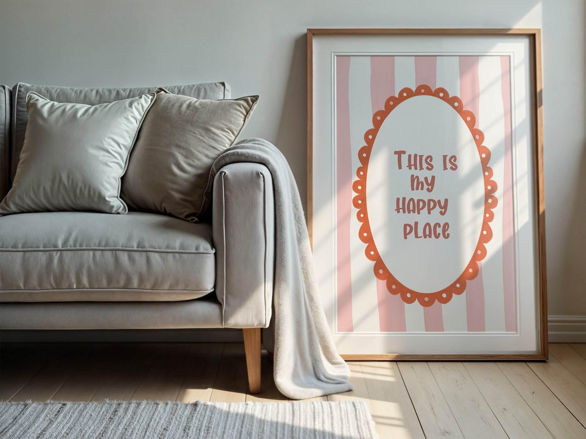 This Is My Happy Place Print | Positive Quote Wall Art | Pink and White Stripes - Larosier Prints