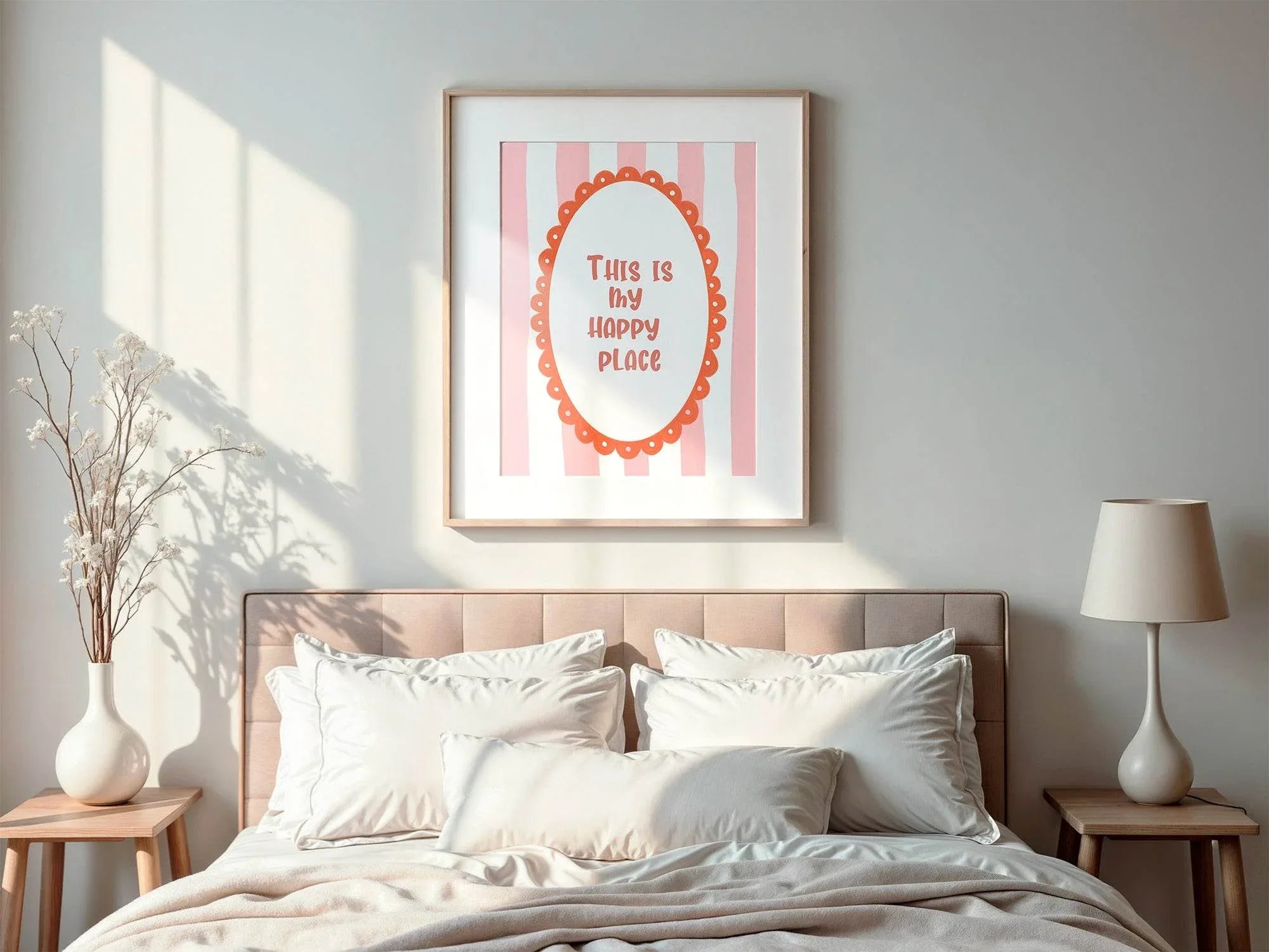 This Is My Happy Place Print | Positive Quote Wall Art | Pink and White Stripes - Larosier Prints