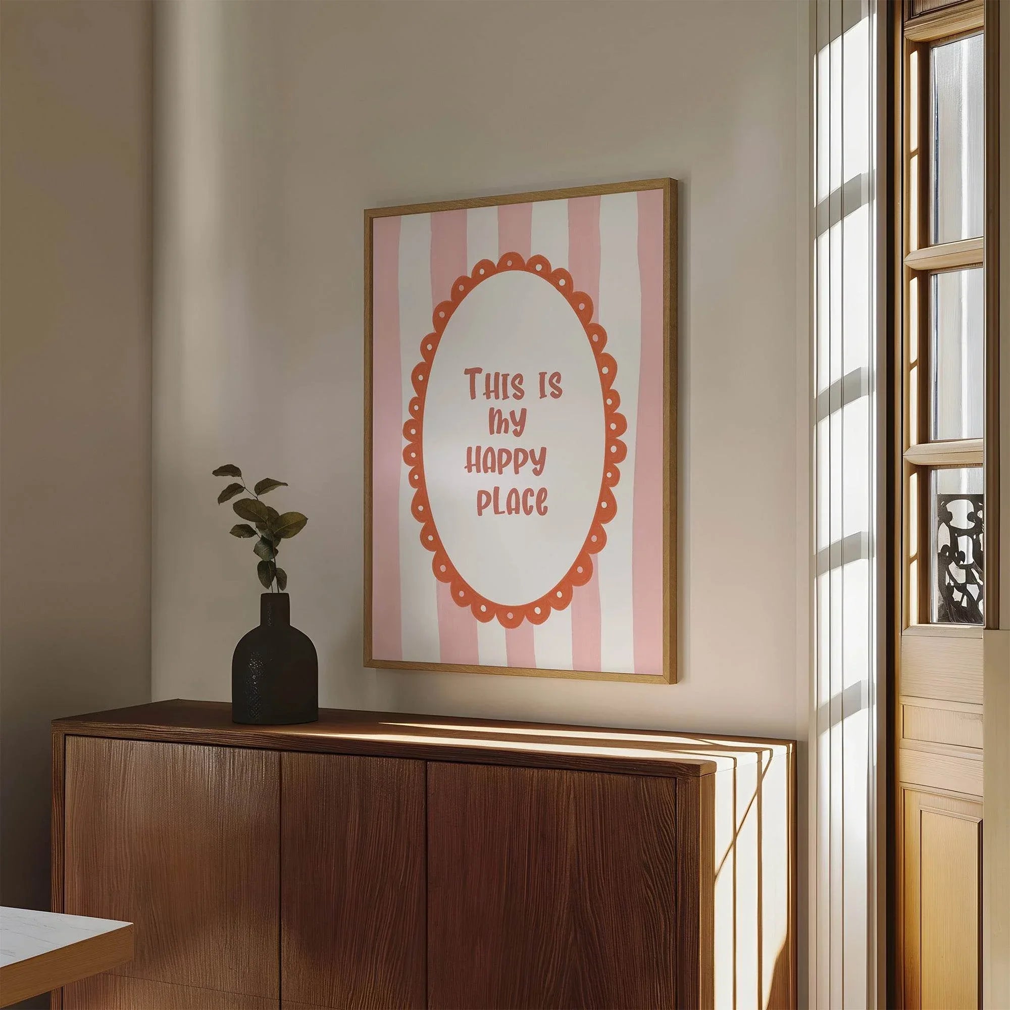This Is My Happy Place Print | Positive Quote Wall Art | Pink and White Stripes - Larosier Prints