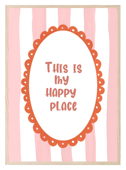 This Is My Happy Place Print | Positive Quote Wall Art | Pink and White Stripes
