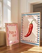 Red Spicy Pepper Print | Bold Kitchen Wall Art | White & Blue Stripes - Larosier Prints