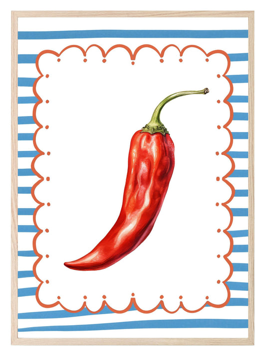Red Spicy Pepper Print | Bold Kitchen Wall Art | White & Blue Stripes