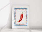 Red Spicy Pepper Print | Bold Kitchen Wall Art | White & Blue Stripes - Larosier Prints