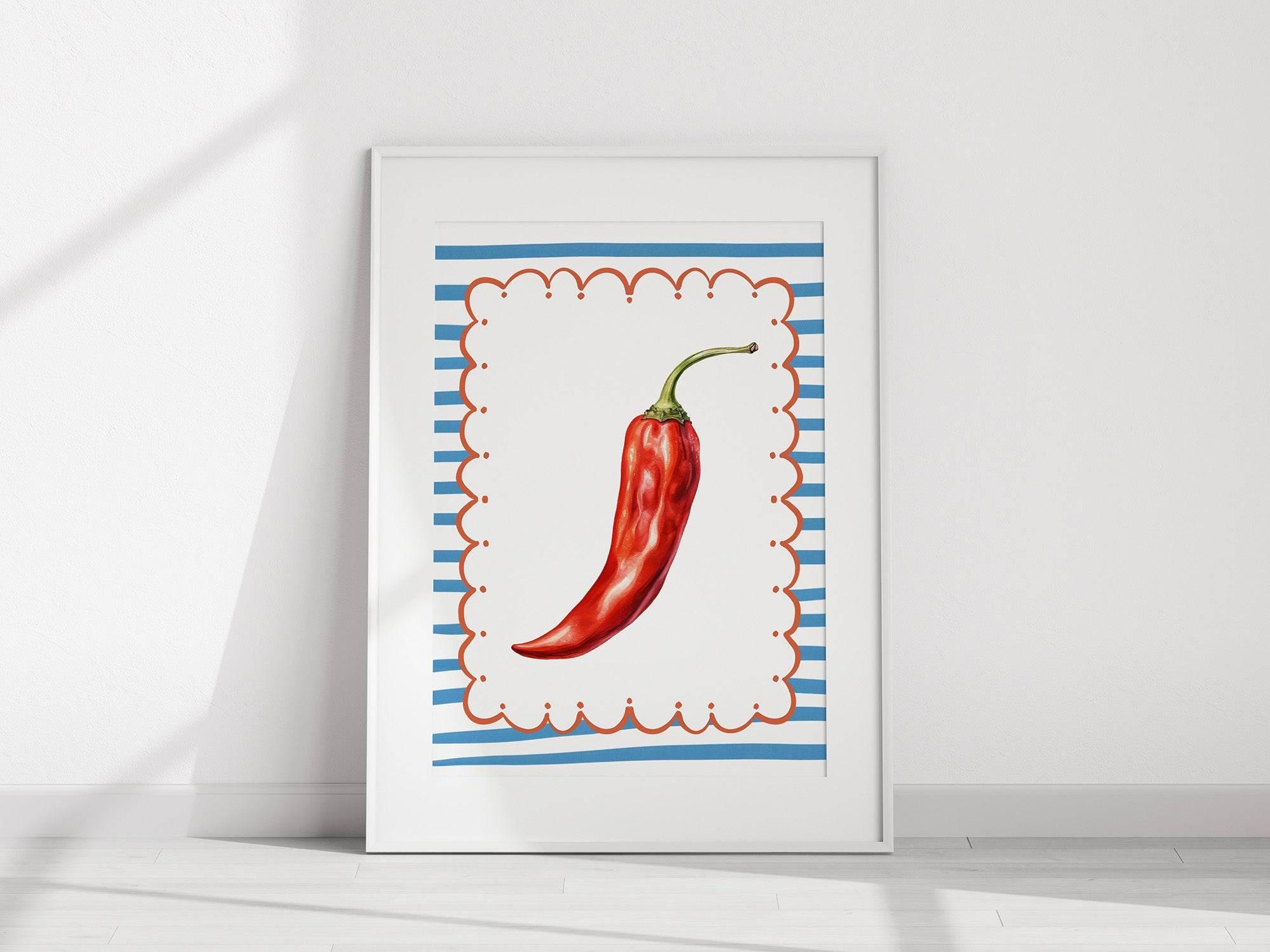 Red Spicy Pepper Print | Bold Kitchen Wall Art | White & Blue Stripes - Larosier Prints