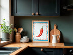Red Spicy Pepper Print | Bold Kitchen Wall Art | White & Blue Stripes - Larosier Prints