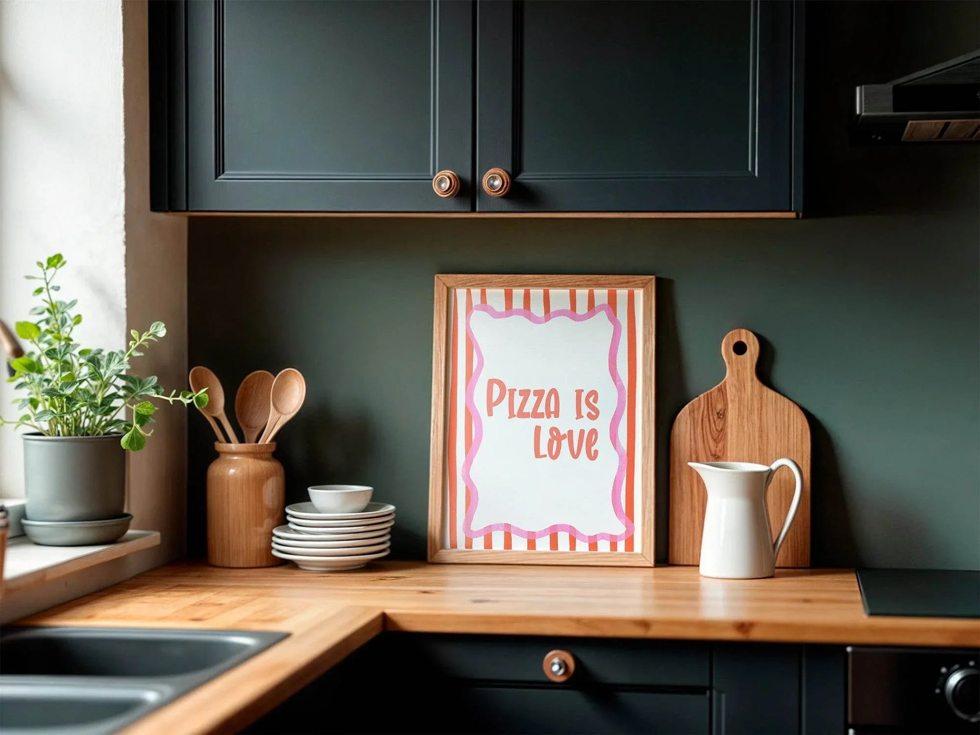 Pizza Is Love Print | Fun Food Wall Art | Red & White Stripes - Larosier Prints