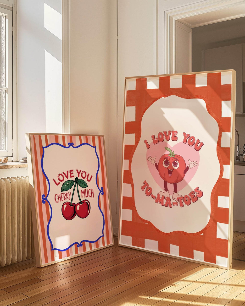 Love You Cherry Much Print | Cute Fruit Wall Art | Orange & Pink Stripes - Larosier Prints