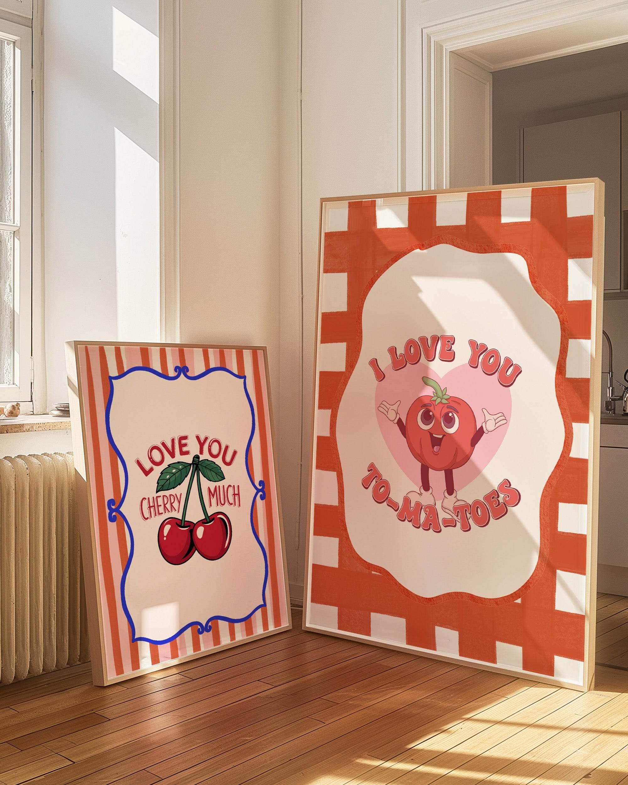 Love You Cherry Much Print | Cute Fruit Wall Art | Orange & Pink Stripes - Larosier Prints